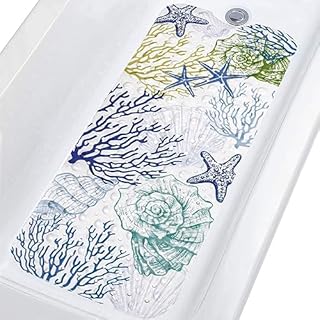 Topotdor Nautical Coastal Bathtub Mat Non Slip for Shower Tub, 40 X 16 Inch Extra Long Bath Mat for Elderly & Kids, Machine Washable Shower Floor Mat with Suction Cups & Drain Holes, Starfish Coral