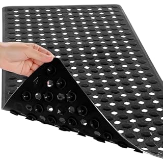 Yimobra Bathtub Shower Mat, Long Non Slip Bath Mats for Tub with Drain Hole and Suction Cups, Soft on Feet, Machine Washable, Easy Dry, 34.5 x 15.5 Inch, Black