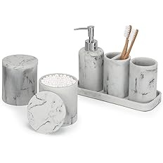 ZCCZ - Bathroom Accessories Set 6 Pcs - White Marble Design Toothbrush Holder, Lotion Soap Dispenser, 2 Qtip Holder Dispenser