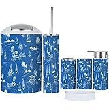 Bathroom Accessory Set 6 Piece Beautiful White Hand Island Landscape Palm Trees Toothbrush Holder, Toothbrush Cup, Soap Dispe