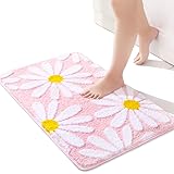 QJHOMO Pink Bathroom Rugs Cute Daisy Bath Mat White and Yellow Flower Decor Rug Non Slip Floor Carpet Microfiber Bathmat Supe
