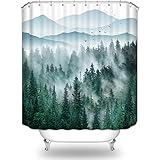 BIYSUC Green Misty Forest Shower Curtain Foggy Nature Pine Tree Mountain Woodland Ombre Plant Bath Curtain Decorative Bathroo