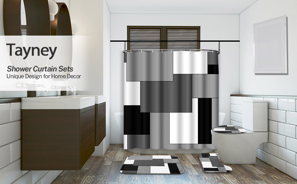 Tayney Geometric Shower Curtain Sets with Toilet Lid Cover and Non-Slip Rugs