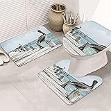 Pelican on Wood Bridge Bathroom Rugs Sets 3 Piece, Non-Slip Absorbent Bath Mats Flannel Microfiber Bath Rug Washable Toilet R