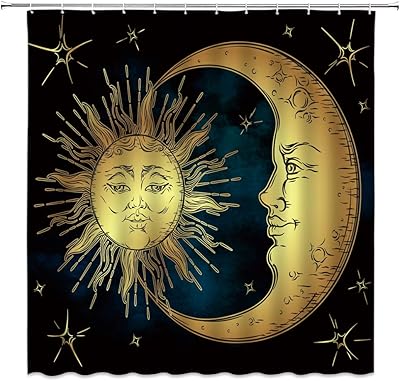 AMHNF Sun and Moon Shower Curtain Boho Chic Art Universe Starry Sky Antique Celestial Pattern Home Bathroom Decor Fabric with Hooks，Black Yellow