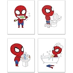 Spiderman Bathroom Prints - Set of 4 (8 inches x 10 inches) Wall Art Decor