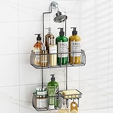 Epicano Shower Caddy Hanging, Anti-Swing Over Head Shower Caddy Rustproof with hooks for Towels, Sponge and more, Matte Black