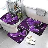 Dwrepo Purple Hearts Print Bathroom Rug Set 3 Piece with Non-Slip U-Shaped Contour Mat and Toilet Lid Cover for Bathroom Deco