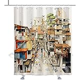 TheBlackSpot Cartoon House Shower Curtain Sets Cartoon Japanese City Urabn Life Bath Curtains Anime Decor Sets Grommet with H