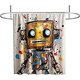 seethetime Cartoon Shower Curtain Creative Robot Colorful Graffiti Art Painted Theme Fabric Kids Bathroom Decor Sets with Hoo
