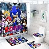 IKBAGVBK Anime The Hed-Gehog 4 Piece Shower Curtain Set，Super Knuckles Boys Bathroom Sets with Shower Curtain and Toilet Lid