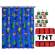 Jay Franco Minecraft Creeper TNT 14 Piece Bathroom Set - Includes Shower Curtain, 12 Hooks, & Non-Slip Bath Rug - Easy Care F