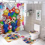 Anime 4 Piece Bathroom Set, Waterproof Shower Curtains for Bathroom Set with Shower Mat Non Slip & Toilet Lid Cover and U Sho