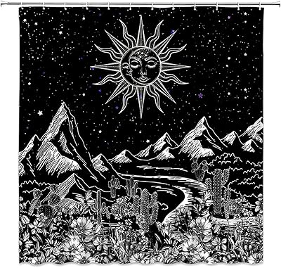 Abstract Mountain Shower Curtain Black and White Moon Sun Boho Flower Night Starry Star Celestial Fantasy Nature Landscape Hippie Trippy Gothic Witchcraft Astrology Bathroom Fabric Decor Curtains