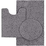 HOMEIDEAS Grey Bathroom Rugs Sets 3 Piece, Chenille Bath Rugs Soft Absorbent Non Slip Washable Bath Mats with Toilet Lid Cove