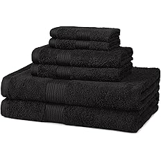 Amazon Basics 6-Piece Fade Resistant Bath towel, Hand and Washcloth Set -Cotton, Black, 14.25" x 10.85" in