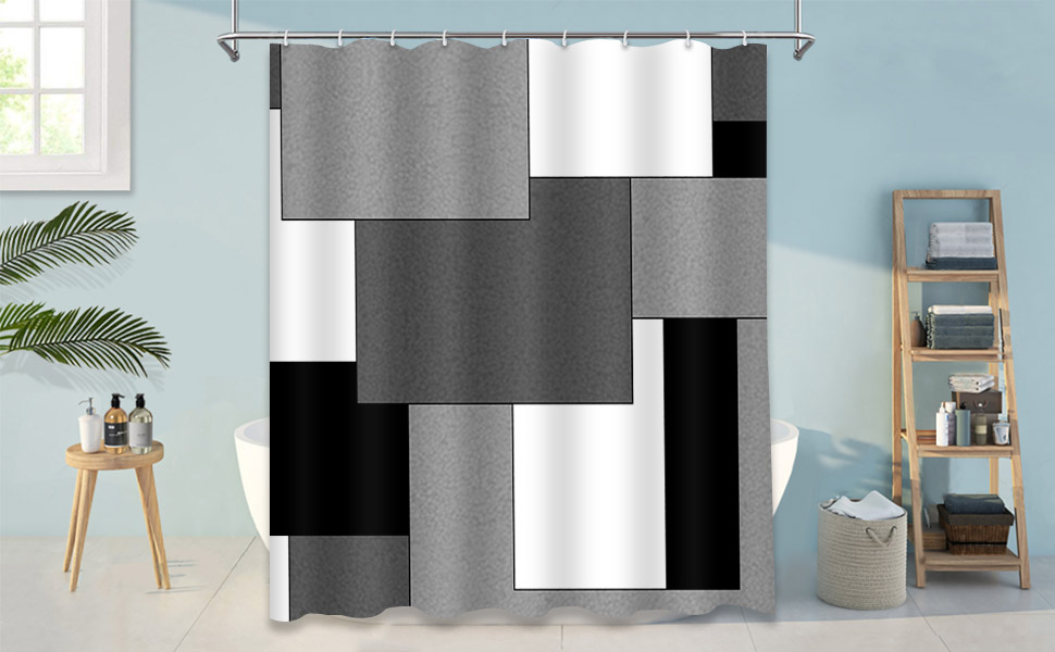 Tayney Geometric Shower Curtain Sets with Toilet Lid Cover and Non-Slip Rugs